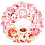  animal-themed_food animal_focus antique_phone ballet_slippers bonnet bottle bow cake cake_slice candy cat charlotte_cake cherry chocolate circle_formation cookie cupcake doughnut flower food food_focus frilled_headwear fruit fruit_tart heart heart-shaped_chocolate heart_wand heterochromia ice_cream looking_at_viewer macaron marshmallow no_humans original perfume_bottle phone pink_bow pink_footwear pink_headwear pink_theme plaid polka_dot pon_de_ring rose rotary_phone shoes simple_background sitting slothm22 strawberry_shortcake strawberry_tart swiss_roll tart_(food) tart_slice unworn_shoes waffle whipped_cream white_background white_cat 