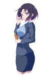  1girl absurdres blue_eyes blue_necktie breasts coat eating elma_(maidragon) food from_side highres kobayashi-san_chi_no_maidragon large_breasts long_sleeves looking_at_viewer necktie nijizuki_shino office_lady open_mouth purple_hair short_hair skirt solo tongue tongue_out white_background 