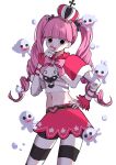  1girl belt black_belt black_eyes bow breasts capelet crop_top crown drill_hair ghost hand_on_own_hip heart_belt highres long_hair looking_at_viewer medium_breasts midriff mochi_mochi052 navel one_piece perona pink_bow pink_capelet pink_hair pink_nails pink_skirt shirt simple_background skirt smile standing striped striped_thighhighs thighhighs twintails very_long_hair white_background white_shirt 