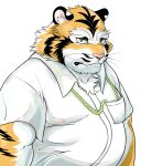  2023 anthro belly big_belly clothing felid green_eyes hi_res hysk kemono male mammal overweight overweight_male pantherine pink_nose portrait shirt simple_background solo tiger topwear white_background 