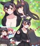  4girls :p animal_ears black_dress black_hair black_sweater blue_bow blush bow brown_eyes brown_hair camera collar collared_peccary_(kemono_friends) dress extra_ears glowing glowing_eyes green_jacket hair_bow heart height_difference hug jacket kemono_friends kusamogura long_hair long_sleeves lucky_beast_(kemono_friends) malayan_tapir_(kemono_friends) mountain_tapir_(kemono_friends) multiple_girls nana_(kemono_friends) open_clothes open_jacket pink_hair short_hair sidelocks smile stopwatch sweater tail tapir_ears tapir_girl tapir_tail tongue tongue_out white_collar 