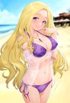  1girl absurdres beach bikini blonde_hair blue_sky blurry blurry_background blush breasts building cleavage cloud cloudy_sky collarbone commentary_request day fuurin_asumi healin&#039;_good_precure highres kazuma_muramasa long_hair looking_at_viewer medium_breasts navel ocean precure purple_bikini purple_eyes sand see-through see-through_shirt sky smile solo swimsuit 