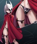 1girl arms_behind_back ass_visible_through_thighs black_panties blue_eyes bob_cut cloak commentary_request contrapposto grey_hair highres hollow_knight hornet_(hollow_knight) humanization mask medium_hair nail_(hollow_knight) needle_(hollow_knight) nicomamu panties red_cloak solo spanish_commentary string thigh_strap underwear 