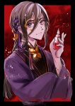  1boy androgynous bottle brooch butterfly_brooch closed_mouth dated hair_between_eyes hair_ribbon highres holding holding_bottle japanese_clothes jewelry kimono letterboxed long_hair looking_at_viewer makoto1009 male_focus mars_red monocle paint_splatter purple_eyes purple_kimono red_background ribbon signature tenmaya_shinosuke 