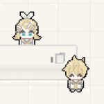  0211nami 1boy 1girl ^_^ blue_eyes closed_eyes collared_shirt hair_ribbon hairband indoors kagamine_len kagamine_rin lowres multiple_hairpins necktie pixel_art ribbon shirt short_hair vocaloid white_hairband white_shirt yellow_necktie 