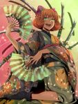  1girl bow commentary_request curly_hair flower folding_fan freckles green_eyes hair_bow hair_flower hair_ornament hand_fan japanese_clothes kimono open_mouth orange_hair penny_polendina power_symbol rwby smile solo sumiwow sword wakizashi weapon wire 