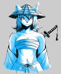  absurd_res anthro asian_clothing breasts canid canine chest_binder cleavage clothed clothing digital_media_(artwork) east_asian_clothing exposed_shoulders female front_view fur hair hat headgear headwear hi_res japanese_clothing katana looking_at_viewer mammal melee_weapon navel sketch smile solo straw_hat sword vecnarvi weapon 