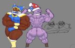  2023 big_butt big_muscles blue_clothing blue_hat blue_headwear brown_body bulge butt clothing fangs flexing fool&#039;s_hat footwear fruitgremlin grey_background hat headgear headwear huge_muscles humanoid kirby_(series) looking_back magolor male marx_(kirby) mostly_nude multicolored_hat muscular muscular_humanoid muscular_male nintendo purple_body purple_butt red_clothing red_hat red_headwear simple_background standing teeth vein veiny_muscles yellow_eyes 