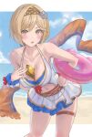  1girl absurdres bad_source breasts cleavage commission commissioner_upload djeeta_(granblue_fantasy) djeeta_(summer)_(granblue_fantasy) enporion granblue_fantasy highres looking_at_viewer official_alternate_costume open_mouth skeb_commission swimsuit thigh_strap yellow_eyes 