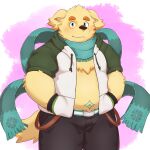  1boy animal_ears bara belly belt chest_tuft closed_mouth cu_sith_(housamo) dog_boy dog_ears dog_tail furry furry_male green_eyes green_scarf hands_in_pockets highres hood hooded_jacket jacket male_focus nyaoru_(ruoain) open_clothes open_jacket pants plump scarf solo stomach_tattoo tail tattoo thick_eyebrows tokyo_afterschool_summoners yellow_fur 