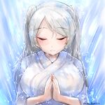  1girl alternate_costume breasts closed_eyes conte_di_cavour_(kancolle) dated facing_viewer japanese_clothes kamio_(d-rev) kantai_collection large_breasts long_hair one-hour_drawing_challenge solo swept_bangs twitter_username two_side_up upper_body wet white_hair 