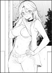  1girl abigail_(stardew_valley) blush breasts choker clothes_lift denim hand_on_own_hip jeans large_breasts long_hair looking_at_viewer monochrome mushymushy_desu nipples no_bra pants perky_breasts shirt_lift solo stardew_valley sweat very_sweaty 