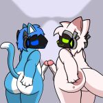  2d_(artwork) anthro big_butt big_ears big_eyes blue_body blue_fur butt butt_grab chubby_anthro chubby_male cute_expression cute_eyes digital_drawing_(artwork) digital_media_(artwork) domestic_cat duo ears_up felid feline felis fluffy fluffy_tail fur genitals hair hand_on_butt hi_res long_tail lyncario machine male male/male mammal messy_hair penis protogen protogen_visor screen screen_face simple_background simple_eyes slightly_chubby small_ears smile spots tail tunrix_(lyncario) unknown_character white_background white_body white_fur 