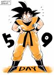  +++ 1boy 2023 ankle_boots bent_over black_eyes black_footwear black_hair black_sash black_shirt black_theme black_wristband boots clenched_hand clenched_hands clothes_writing collarbone commentary dated dougi dragon_ball dragon_ball_z full_body grin hair_between_eyes hair_strand hands_on_own_hips happy highres legs_apart limited_palette looking_at_viewer male_focus obi orange_pants orange_shirt orange_theme pants sash shirt short_sleeves simple_background smile son_goku spiked_hair standing tareme teeth tkgsize twitter_username undershirt white_background wide-eyed wristband 