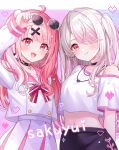  2girls absurdres ahoge black_choker choker crop_top earrings hair_ornament hair_over_one_eye highres jewelry long_hair multiple_girls necklace nijisanji pink_eyes pink_hair pink_sailor_collar ponigiri12 sailor_collar sasaki_saku sasaki_saku_(6th_costume) school_uniform serafuku shiina_yuika shiina_yuika_(10th_costume) shirt sunglasses two_side_up white_serafuku white_shirt x_hair_ornament 