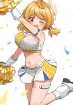  1girl :d absurdres ahoge arm_up blonde_hair blue_archive blush breasts cheerleader cleavage commentary confetti crop_top fang gloves halo highres holding holding_pom_poms kotori_(blue_archive) kotori_(cheer_squad)_(blue_archive) large_breasts leg_up looking_at_viewer millennium_cheerleader_outfit_(blue_archive) miniskirt navel official_alternate_costume one_eye_closed open_mouth patanda pleated_skirt pom_pom_(cheerleading) red_eyes shoes short_hair short_twintails simple_background skin_fang skirt smile sneakers socks solo standing standing_on_one_leg stomach sweat thigh_strap twintails white_background white_footwear white_gloves white_skirt white_socks 