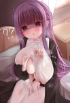  1girl ? ?? absurdres autopaizuri black_coat blush breasts buttons coat covered_nipples covered_penis covered_testicles dress fern_(sousou_no_frieren) futanari futanari_masturbation highres huge_breasts huge_penis huge_testicles indoors jingdong_ssa long_hair long_sleeves masturbation on_bed open_clothes open_coat open_mouth paizuri partially_unbuttoned penis precum precum_through_clothes purple_eyes purple_hair shaded_face sitting solo sousou_no_frieren sweat testicles trembling white_dress 
