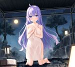  1girl ahoge azur_lane barefoot blush breasts commentary_request covering full_moon highres kneeling long_hair looking_at_viewer medium_breasts moon night night_sky nude_cover onsen outdoors parted_lips purple_eyes purple_hair satsuki_yukimi skindentation sky solo stone_lantern tree unicorn_(azur_lane) very_long_hair water waterfall 