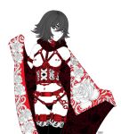  1girl black_hair breasts cape chain character_request cowboy_shot floral_print grey_eyes hair_between_eyes highres ltstry medium_breasts navel_piercing nipple_piercing piercing print_cape red_cape rwby signature simple_background solo white_background 