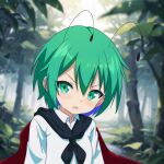  1girl antennae cape cato_(monocatienus) collared_shirt green_eyes green_hair highres leaf looking_at_viewer nature open_mouth shirt short_hair solo touhou tree upper_body v-shaped_eyebrows white_shirt wriggle_nightbug 