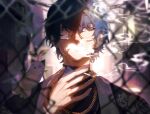  1boy animal_on_shoulder black_jacket black_shirt blue_eyes blue_hair chain chain-link_fence cigarette fence glasses gold_chain highres holding holding_cigarette jacket kuroi_suna leos_vincent mameneko_(leos_vincent) nijisanji official_alternate_costume shirt smoke smoking upper_body virtual_youtuber 