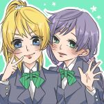  2girls ayase_eli blazer blonde_hair blue_eyes blue_jacket blush bow bowtie closed_mouth collared_shirt dress_shirt green_background green_bow green_bowtie green_eyes hair_ornament hair_scrunchie jacket kashikaze long_hair long_sleeves looking_at_viewer love_live! love_live!_school_idol_project low_twintails multiple_girls otonokizaka_school_uniform outline parted_lips ponytail purple_hair purple_skirt school_uniform scrunchie shirt skirt striped striped_bow striped_bowtie toujou_nozomi twintails upper_body w waving white_outline white_scrunchie white_shirt 