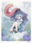  1girl 80isiiii absurdres aqua_skirt aqua_vest barefoot blue_eyes blue_flower blue_hair flower full_body geta heterochromia highres hydrangea juliet_sleeves karakasa_obake long_sleeves open_mouth puffy_sleeves purple_flower rain red_eyes short_hair skirt smile solo tatara_kogasa touhou umbrella 