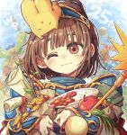  1girl 55_(afutanun_0120) ;) anniversary apple armor bag blue_sky blunt_bangs book bridge brown_eyes brown_hair carbuncle_(puyopuyo) cloud cloudy_sky coin copyright_name creature creature_on_head curry curry_rice dragon floating_island food fruit gem gold_coin grass head_tilt highres holding looking_at_viewer medium_hair one_eye_closed outdoors pauldrons plate ponytail puyo_(puyopuyo) puyopuyo rice sack scroll shoulder_armor sign sky smile solo stick too_many tree vambraces waku_waku_puyo_dungeon 
