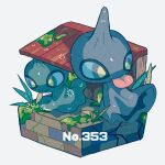  alternate_color awning closed_mouth commentary_request faux_figurine moss no_humans plant pokedex_number pokemon pokemon_(creature) shino_(shinoru_p) shiny_pokemon shuppet simple_background tongue tongue_out white_background 