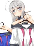  ahoge black_bra blue_shirt bra breasts clothes_hanger detached_collar glasses grey_eyes grey_hair heywood_l._edwards_(kancolle) kantai_collection large_breasts long_hair looking_at_viewer makinoki shirt simple_background twitter_username underwear upper_body white_background white_shirt 