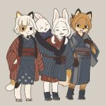  1other 3girls ^_^ animal_ears blue_kimono calico cat_ears cat_girl cat_tail closed_eyes fox_girl full_body furry furry_female holding_baby japanese_clothes kimono looking_at_viewer multiple_girls obi open_mouth original rabbit_ears rabbit_girl red_sash sandals sash simple_background sleeping smile tail yagi_(s1120411) 