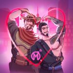  2boys arm_tattoo armpits beard belt black_hair blush brown_eyes brown_gloves brown_hair brown_pants cassidy_(overwatch) closed_mouth cowboy cowboy_hat facial_hair florida_mayhem gloves hair_between_eyes hanzo_(overwatch) hat heart heart_arms_duo height_difference highres japanese_clothes josem_arts logo looking_at_viewer male_focus multiple_boys muscular nipples overwatch overwatch_1 overwatch_league pants pectorals pink_background ponytail second-party_source short_hair smile tattoo upper_body yaoi 