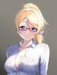  1girl absurdres ayase_eli bespectacled blonde_hair blue_eyes blush borgbutler breasts cleavage closed_mouth collared_shirt glasses grey_background high_ponytail highres large_breasts looking_at_viewer love_live! love_live!_school_idol_project partially_unbuttoned ponytail red-framed_eyewear shirt smile swept_bangs upper_body white_shirt 