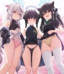  3girls animal_ear_fluff animal_ears bare_shoulders black_dress black_gloves black_hair black_jacket black_panties blue_archive blush bow bow_panties braid braided_bun breasts butterfly_hair_ornament china_dress chinese_clothes clenched_teeth clothes_lift cloud coat double_bun dragon_print dress dress_lift extra_ears flower from_below gloves green_eyes grey_coat grey_eyes grey_hair hair_bun hair_ornament half_gloves halo highres jacket kisaki_(blue_archive) kokona_(blue_archive) long_hair long_sleeves looking_at_viewer multicolored_hair multiple_girls off_shoulder open_mouth orange_eyes outdoors panties pelvic_curtain pink_panties pinstripe_pattern print_dress scowl shimokirin short_dress short_sleeves shun_(blue_archive) shun_(small)_(blue_archive) side_slit sidelocks sky small_breasts streaked_hair striped striped_dress tearing_up teeth thighhighs thighs tiger_ears tiger_girl twintails two_side_up underwear vertical-striped_coat white_thighhighs yellow_panties 