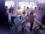 2boys arm_at_side backpack bag bakugou_katsuki black_pants blazer blonde_hair blue_eyes blurry blurry_background bokeh boku_no_hero_academia burn_scar cactusnabe cellphone chromatic_aberration collared_shirt commentary_request crowd depth_of_field double_horizontal_stripe eyebrows_hidden_by_hair faceless from_side grey_eyes grey_jacket hair_between_eyes hand_up heterochromia highres holding holding_bag holding_phone jacket lapels leaning_forward long_sleeves looking_at_phone looking_down multicolored_hair multiple_boys necktie notched_lapels open_mouth outdoors outline pants parted_hair parted_lips people perspective phone pocket pointing profile railroad_tracks red_eyes red_hair red_necktie scar scar_on_face school_uniform shirt shopping_bag short_hair shoulder_bag sign smartphone spiked_hair split-color_hair standing straight_hair tactile_paving talking tile_floor tiles todoroki_shouto train_station train_station_platform twitter_username two-tone_hair u.a._school_uniform walking white_hair white_outline white_shirt wide_shot wing_collar 