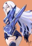  1girl absurdres armor armored_dress ass back blue_armor blue_dress blue_panties blue_thighhighs breastplate breasts brown_eyes dress fairy_knight_lancelot_(fate) fairy_knight_lancelot_(first_ascension)_(fate) fate/grand_order fate_(series) faulds forked_eyebrows highres long_hair looking_at_viewer looking_back mask panties parted_lips pauldrons shiiki_(love-saber) short_dress shoulder_armor sidelocks small_breasts solo thighhighs thighs underwear weapon white_hair 