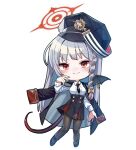  1girl b.t._(boob_tong) black_necktie black_wings blue_archive braid chibi demon_wings grey_hair hair_ornament halo haruna_(blue_archive) jacket jacket_on_shoulders necktie red_eyes shirt side_braid single_wing skirt smile white_shirt wing_ornament wing_piercing wings 