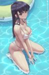  1girl bikini black_hair blush breasts cleavage closed_mouth commentary full_body grey_eyes highres innertube kneeling komi-san_wa_komyushou_desu komi_shouko large_breasts long_hair patreon_username revision solo straight_hair strap_gap swimsuit thighs water web_address wet wet_hair white_bikini zefrableu 