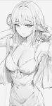  1girl absurdres adjusting_hair armpits blue_archive breasts camisole cleavage closed_mouth collarbone hair_bun highres large_breasts long_hair looking_at_viewer mika_(blue_archive) no_halo sidelocks single_side_bun sketch solo upper_body vloodozer 