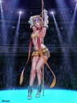  1girl armpits arms_up artist_name audia_pahlevi bandana blonde_hair boots bra breasts crowd final_fantasy final_fantasy_x final_fantasy_x-2 full_body gauntlets green_eyes hair_ornament highres long_hair miniskirt neon_lights non-web_source pole_dancing pouch rikku_(ff10) scarf skirt solo stripper_pole underwear yellow_bra 