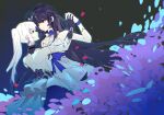  2girls absurdres bare_back bare_shoulders black_gloves blue_eyes blue_petals blunt_bangs couple dark_background dress face-to-face falling_petals fushi983 gloves hair_between_eyes highres holding holding_hands honkai_(series) honkai_impact_3rd kiana_kaslana long_hair looking_at_another multiple_girls petals ponytail purple_eyes purple_hair raiden_mei white_dress white_gloves white_hair yuri 