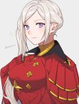  1girl breasts commentary_request dress edelgard_von_hresvelg fire_emblem fire_emblem:_three_houses gloves highres large_breasts long_hair looking_at_viewer official_alternate_hairstyle peach11_01 purple_eyes red_dress red_gloves side_ponytail smile solo very_long_hair white_hair 