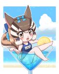  1girl animal_ears beach blue_sky brown_eyes brown_hair chipmunk_ears chipmunk_girl chipmunk_tail extra_ears food fruit highres kemono_friends kemono_friends_v_project lemon lemon_slice looking_at_viewer mabuta_(mbt) ribbon short_hair siberian_chipmunk_(kemono_friends) sky solo summer swimsuit tail virtual_youtuber 