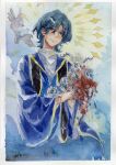  1boy absurdres bird blood blue_eyes blue_hair blue_robe bouquet chinese_commentary closed_mouth commentary_request dove flower frown hair_between_eyes highres holding holding_bouquet long_sleeves male_focus painting_(medium) robe rosary rose saibou_shinkyoku sanweizi shirt short_hair solo stole traditional_media utsugi_noriyuki watercolor_(medium) white_dove white_flower white_rose white_shirt 
