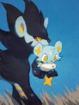  arc_draws colored_sclera commentary_request day dripping highres luxray mouth_hold no_humans outdoors pokemon pokemon_(creature) red_sclera shinx tympole water_drop wet yellow_eyes yellow_pupils 