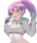  1girl arched_back arms_up bibi_(tokoyami_towa) blush breasts cleavage ear_piercing gloves goggles goggles_on_head green_eyes highres hololive hooded_shrug long_hair long_sleeves looking_at_viewer medium_breasts multicolored_hair piercing pink_hair pointy_ears ponytail purple_hair ribbed_shirt shironekoshi shirt simple_background solo stomach streaked_hair tokoyami_towa tokoyami_towa_(5th_costume) turtleneck upper_body very_long_hair virtual_youtuber white_background white_gloves white_shrug 