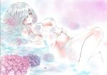  1girl arim0k0 breasts cleavage commentary_request flower grey_eyes grey_hair hair_over_one_eye highres large_breasts lingerie long_hair looking_at_viewer lying navel on_back original solo traditional_media underwear wading 