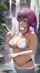  1girl bare_arms bare_shoulders bikini breasts collarbone cowboy_shot english_commentary eyewear_on_head grey_bikini grin hand_up highres honkai:_star_rail honkai_(series) kafka_(honkai:_star_rail) large_breasts long_hair looking_at_viewer navel ponytail purple_eyes purple_hair smile solo standing stomach sunglasses swimsuit w wading water waterfall yellow_glasses_(odivichno) 