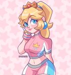  1girl absurdres arm_behind_back artist_name blonde_hair blue_eyes breasts cremanata gloves highres large_breasts legs looking_at_viewer mario_(series) midriff navel parted_lips pink_lips ponytail princess princess_peach shorts smile soccer_uniform solo sportswear star_(symbol) strikers_peach super_mario_strikers thighs watermark 