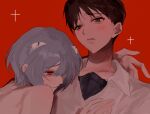  1boy 1girl ayanami_rei blue_hair blush brown_eyes brown_hair head_on_chest hug ikari_shinji looking_at_viewer neon_genesis_evangelion nude red_background red_eyes reioxu short_hair 